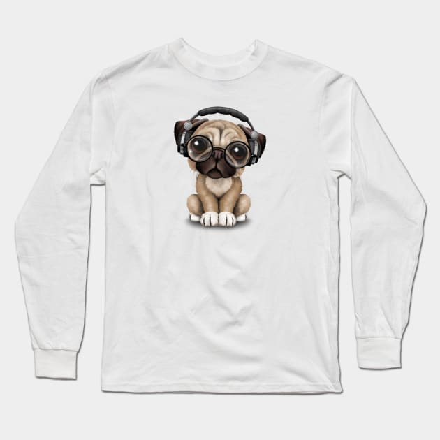 Cute Pug Puppy Dj Wearing Headphones and Glasses Long Sleeve T-Shirt by jeffbartels